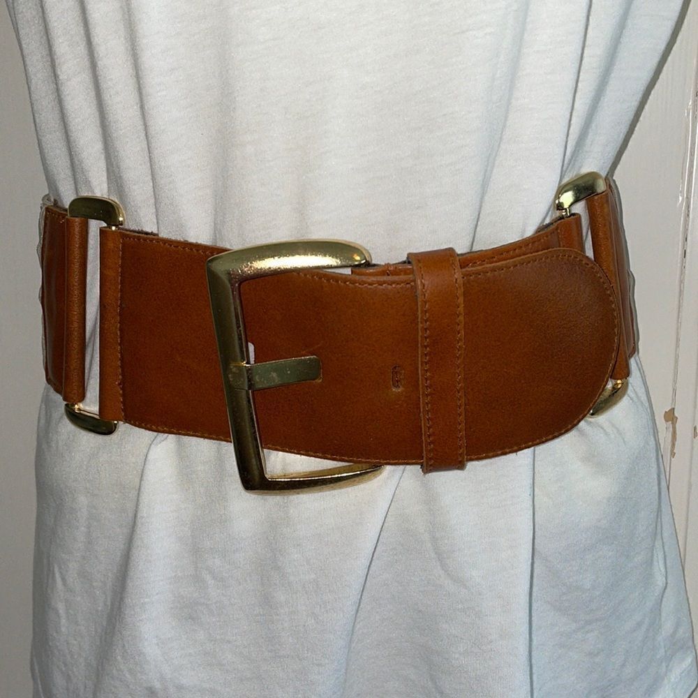 Topaz wide brown leather & cream elastic belt‎ with gold buckle
